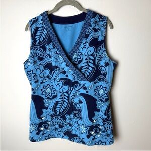 Croft & Barrow Sleeveless Blouse Size Large Top Sleeveless Stretch V-Neck Floral